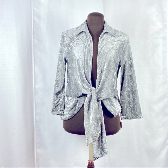 Mishca Jackets & Blazers - Mishca Crushed Velvet Tie Front Jacket in Striking Silver